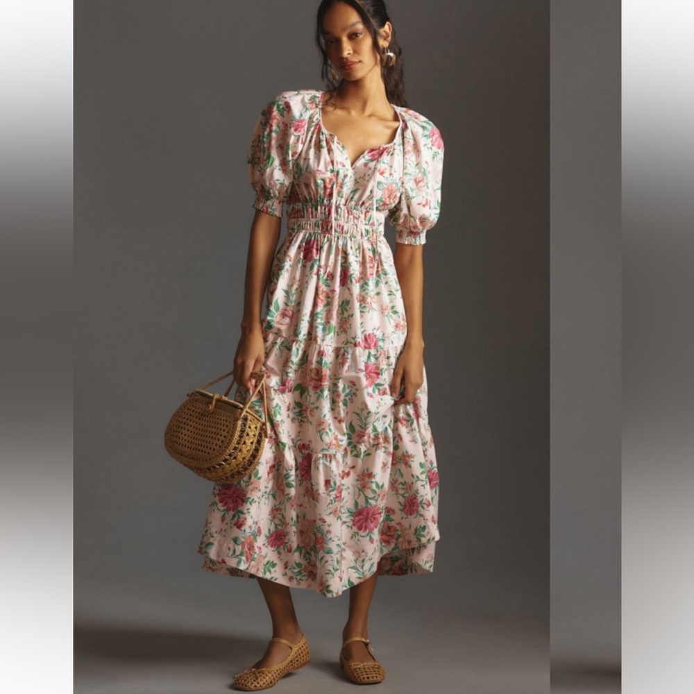 Anthropologie Somerset Floral Pink Puff Sleeve Maxi Dress Size S